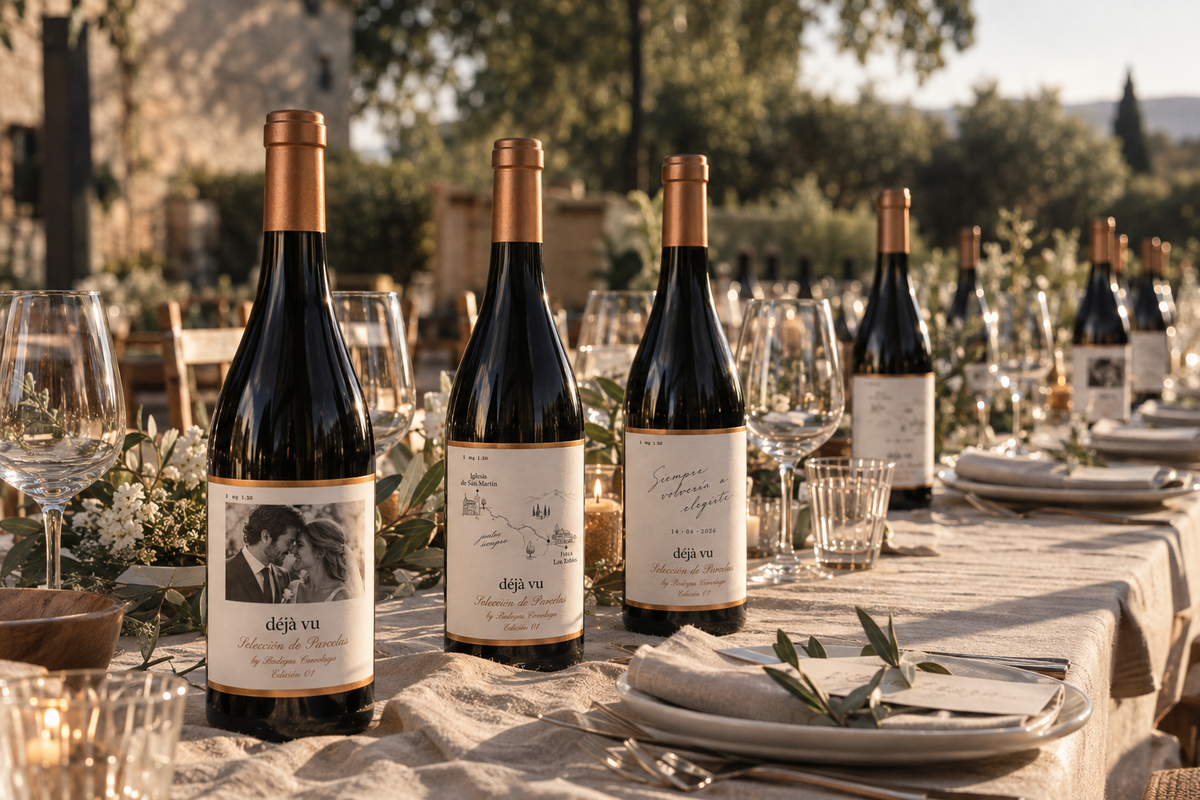 Mesa de boda al aire libre con botellas de Déjà Vu personalizadas: una con la foto de los novios, otra con un mapa dibujado y otra con una frase manuscrita