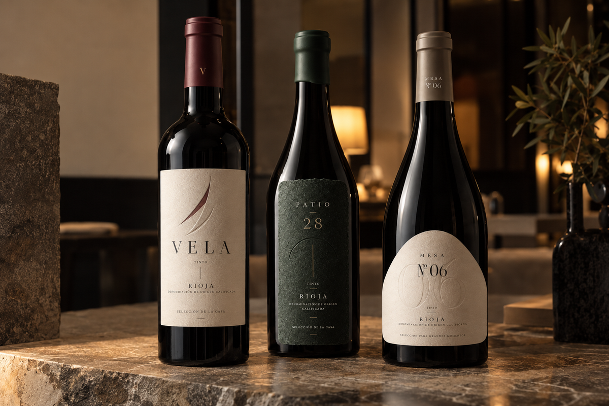 Tres botellas de vino de marca propia para un restaurante, un hotel y un catering, sobre una barra de piedra