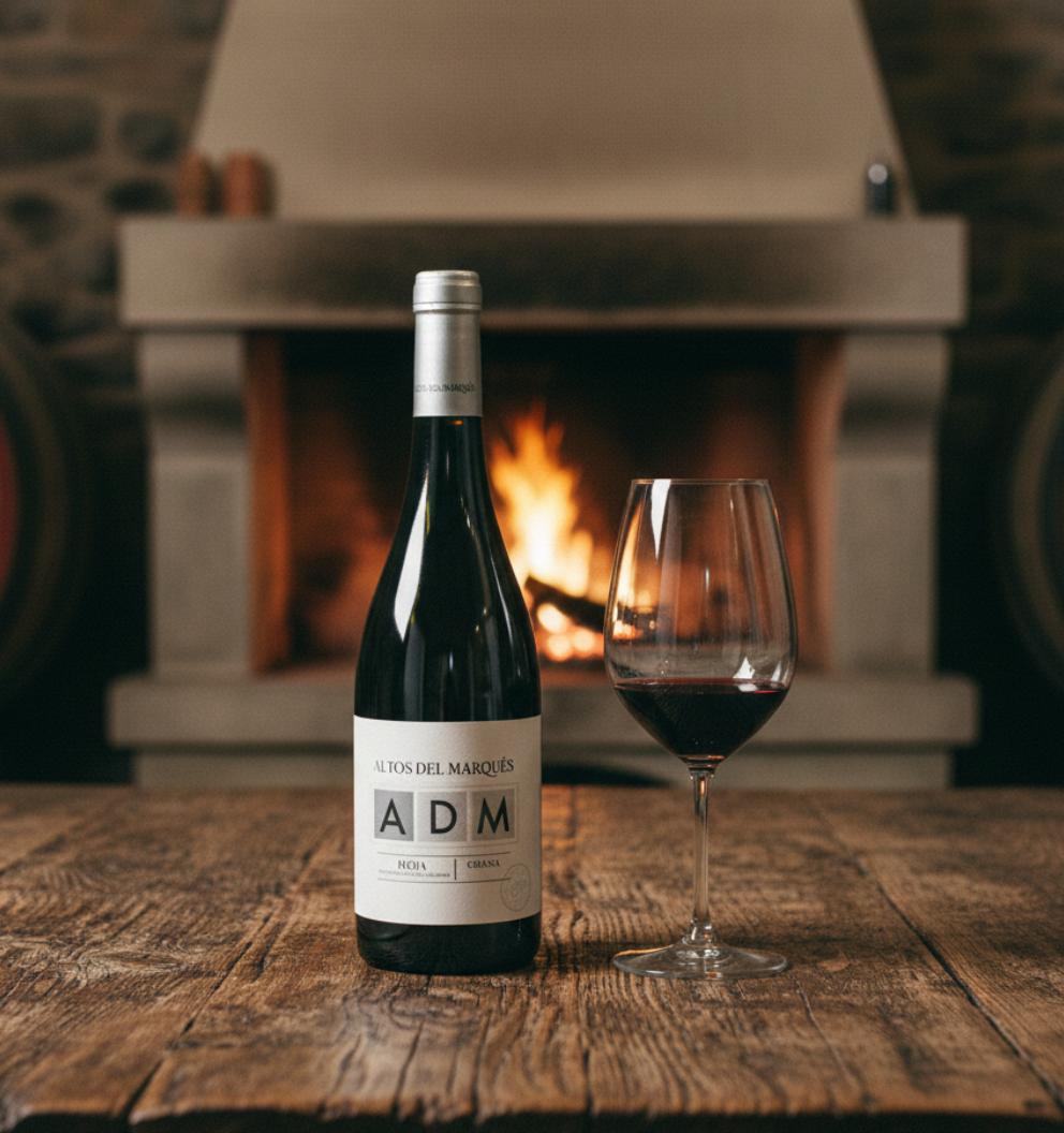 Copa de vino tinto ADM Crianza 2022 en una bodega de Rioja Alta con barricas y chimenea.